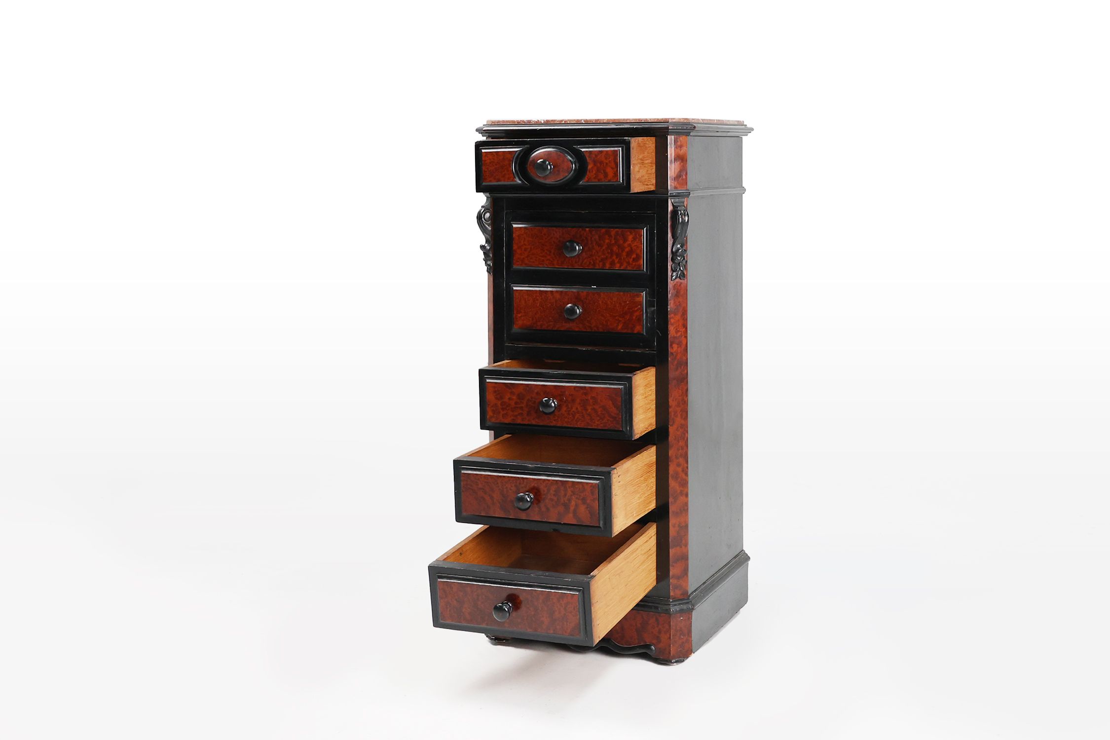 Rare Antique French chest of drawers in wood, burl veneer and marble, ca. 1850thumbnail